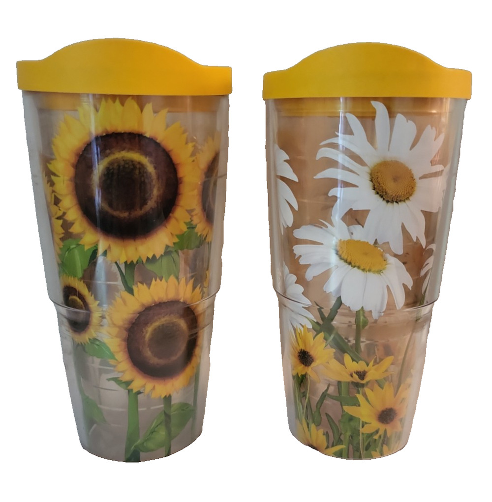 Lot of 2 Tervis Tumblers 24 oz Sunflowers with yellow lids Yellow White Green